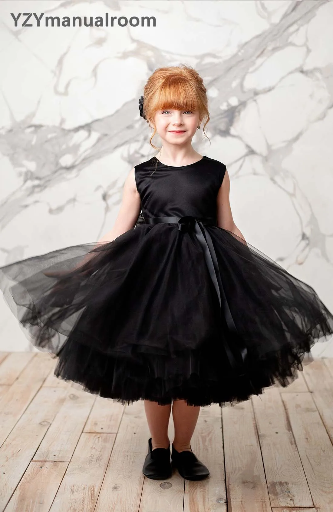 YZYmanualroom Black Tulle Elegant Girls First Communion Dress Concert Wedding Party Short Sleeves Junior Bridesmaid Satin Gown