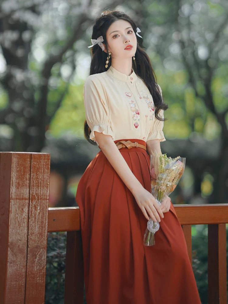 Ensemble jupe et chemise brodées à manches courtes pour femmes, jupe longue plissée, tenues d'été, mode douce, 2 pièces