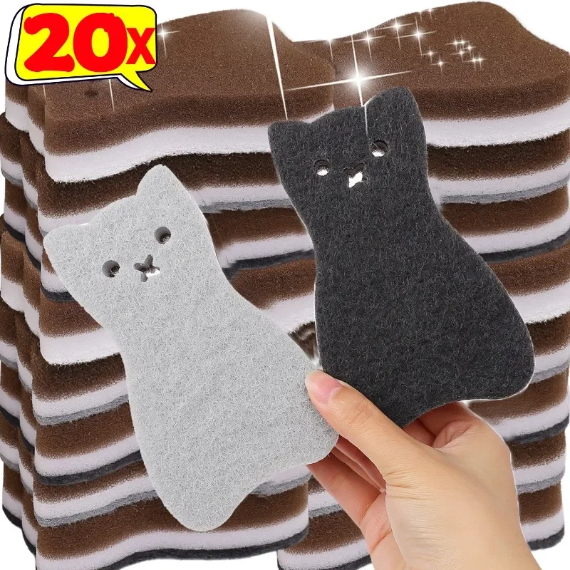 Éponges à vaisselle de cuisine, chat de dessin animé, doux, absorbant, propre, Pot à frotter, tampon à récurer, élimine la rouille, brosse de nettoyage, 4/20 pièces