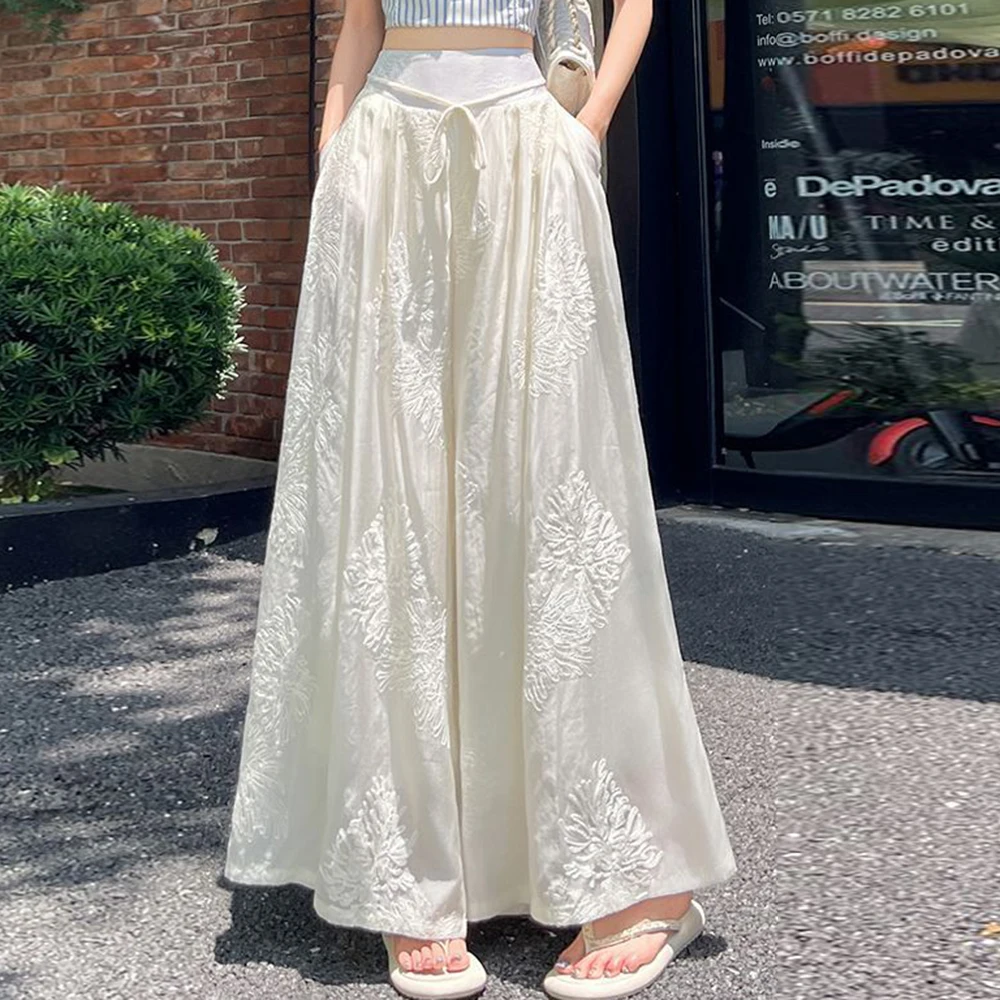 

Chinese embroidery design wide-leg pants women's 2025 high-waisted thin elastic waist strap drape national style casual pants