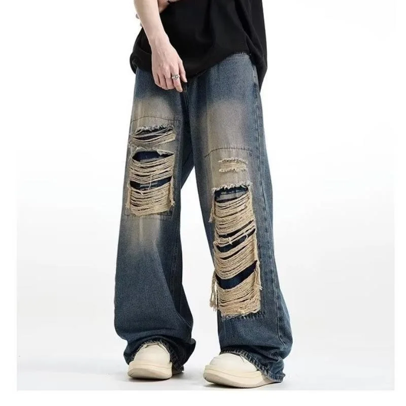 American jeans, retro jeans, ripped jeans, men's jeans, loose jeans, straight leg pants