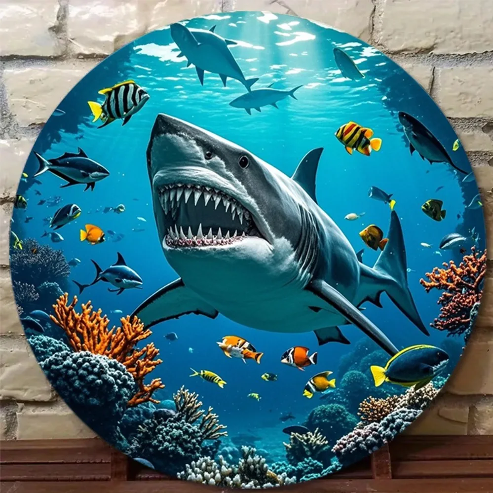 Letrero Metálico 2D, Decoración de Pared Retro con Diseño de Tiburón para el Hogar, Letrero Metálico con Escena Oceánica, Tiburón Blanco, Peces Tropicales y Arrecife de Coral, 8x8
