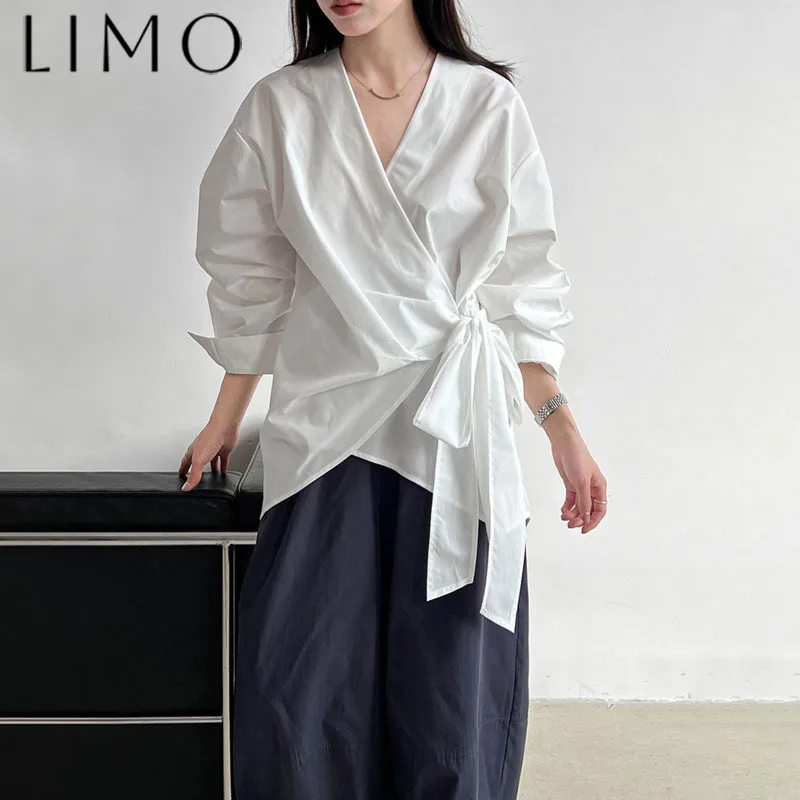 

LIMO Designer Women's Casual Blouse Long Sleeve V-Neck Asymmetric Straps Elegant Chic Fall Winter Spring 2025