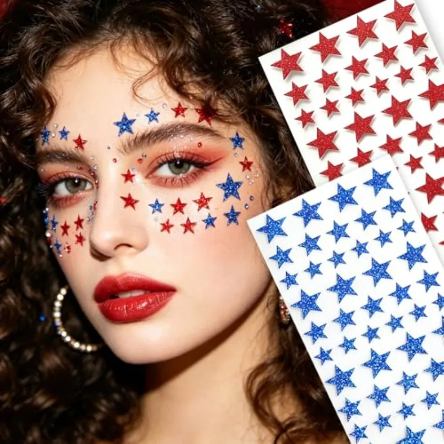 4th of July Face Stickers, Glitter Red Blue Star Tattoos Sticker for Women Girls Independence Day Self-Adhesive Decals for Face