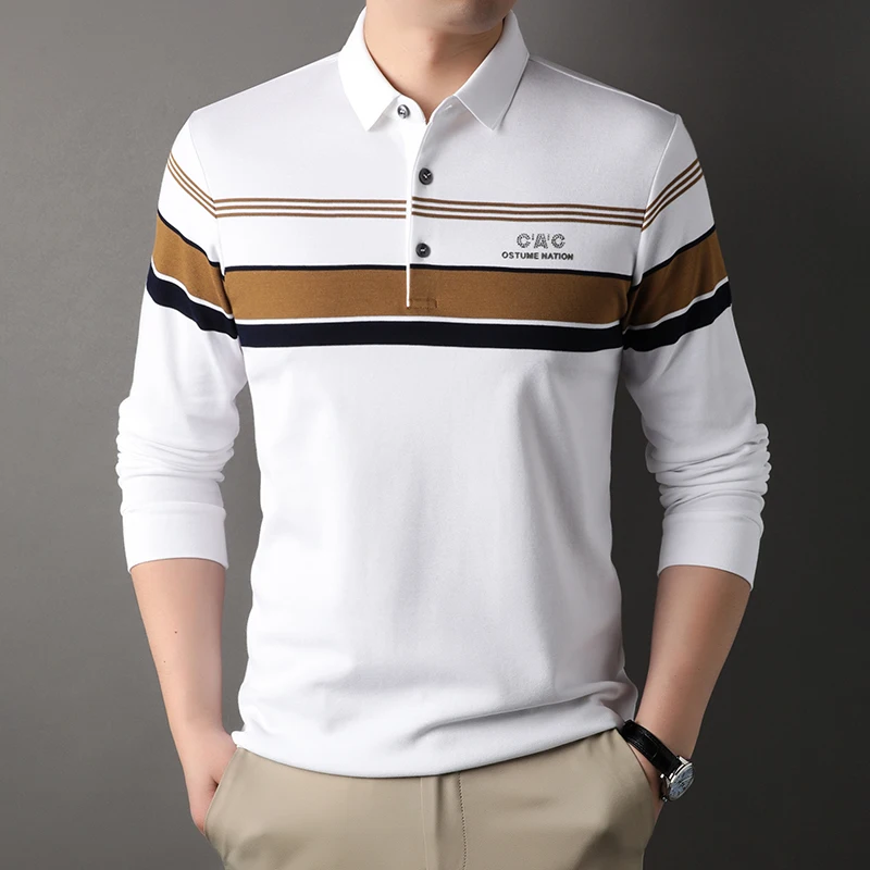 High end brand striped long sleeved exquisite letter printed polo shirt 2023  Autumn New men\'s lapel T-shirt Fashion casual top