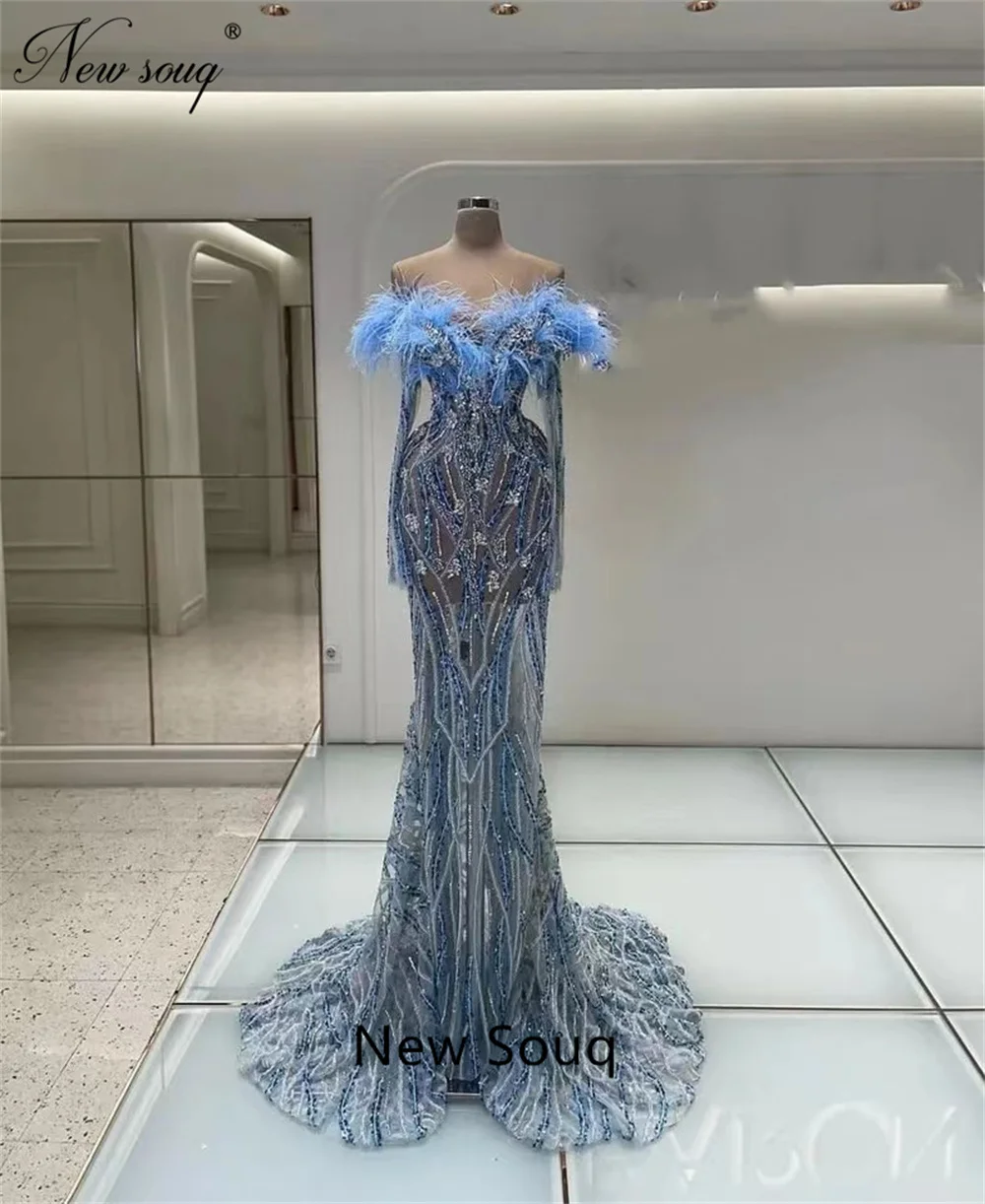 

Sky Blue Off Shoulder Evening Dresses For Dubai Illusion Beaded Crystal Mermaid Party Dress Women Arabic Celebrity Prom Gowns