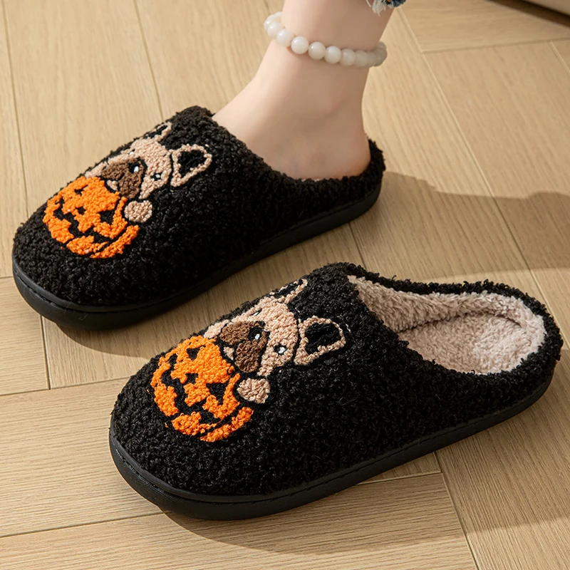 Halloween Dog Embroidery Cotton Home Slippers Women 2024 Winter Fluffy Furry House Slippers Woman Comfort Flat Heels Floor Shoes