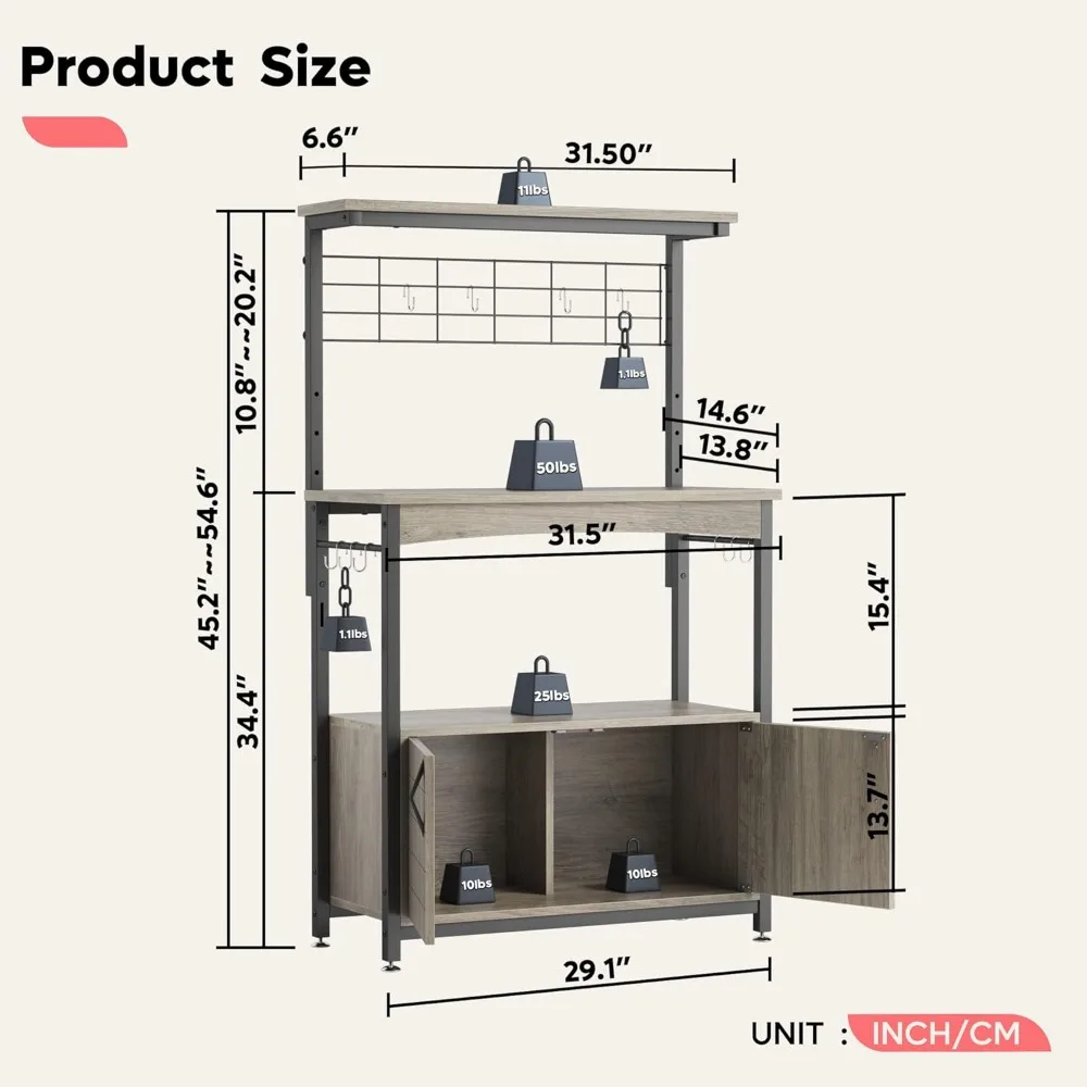 Height-Adjustable Kitchen Bakers Rack with Storage Cabinet and Wheels for Industrial Rolling, Ideal for Microwave Stand