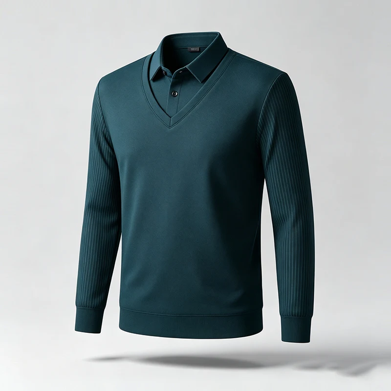 Herren-Oberteil mit langen Ärmeln, im Zweiteiler-Look, V-Ausschnitt, gerippte Ärmel, Hemdkragen-Design, weicher Stoff, ideal für Büro, Alltag und Pendel. – Detail 9