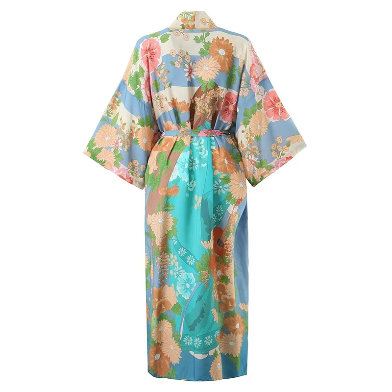 Long soft light silky cotton printed kimono robe women\'s luxury Japanese flower women\'s kimono robe swimsuit smock