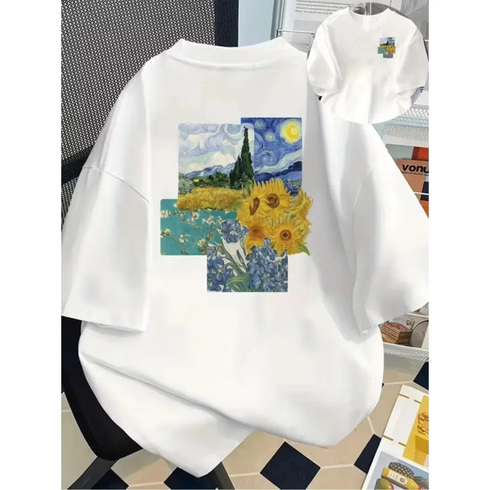 Monet & Van Gogh Art Masterpiece Graphic T-Shirt Fine Art Aesthetic Casual Top Crew Neck Short Sleeve for Art Lover Daily Wear