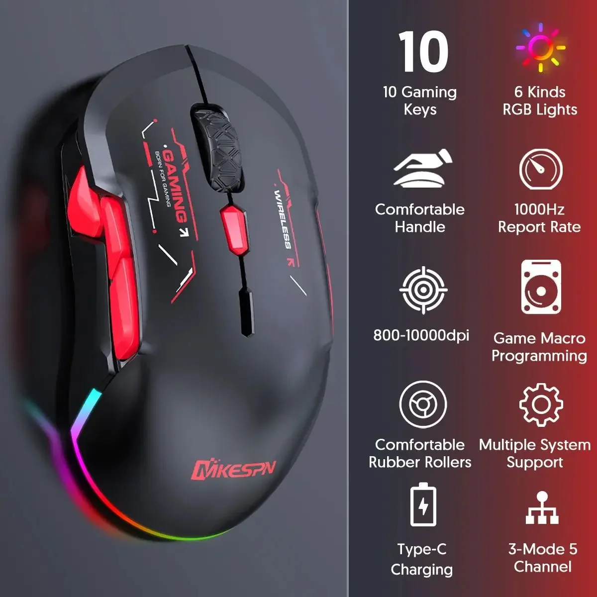 Tri Mode Wireless Gaming Mouse 2.4G Bluetooth Wired Macro 10 Buttons 10000 DPI RGB Rechargeable for Esports Gamers Laptop PC