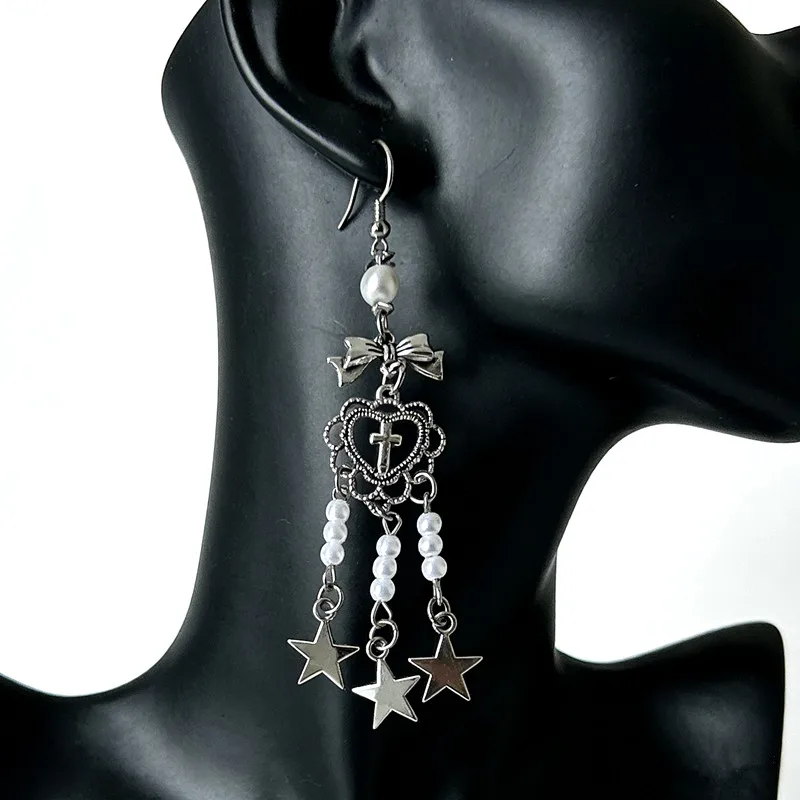 Vintage Niche Personality Punk Female Earrings with Tassel Beads, Hollowed-Out Heart-Shaped Cross Bow Earrings