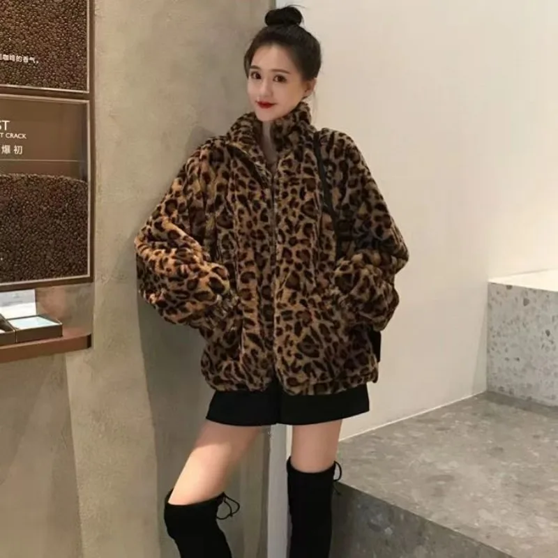 Women Vintage Leopard Stand Collar Zipper Outwear 2023 Winter Jacket Lady Loose oversized Fuzzy Coats Female Casual Streetwear