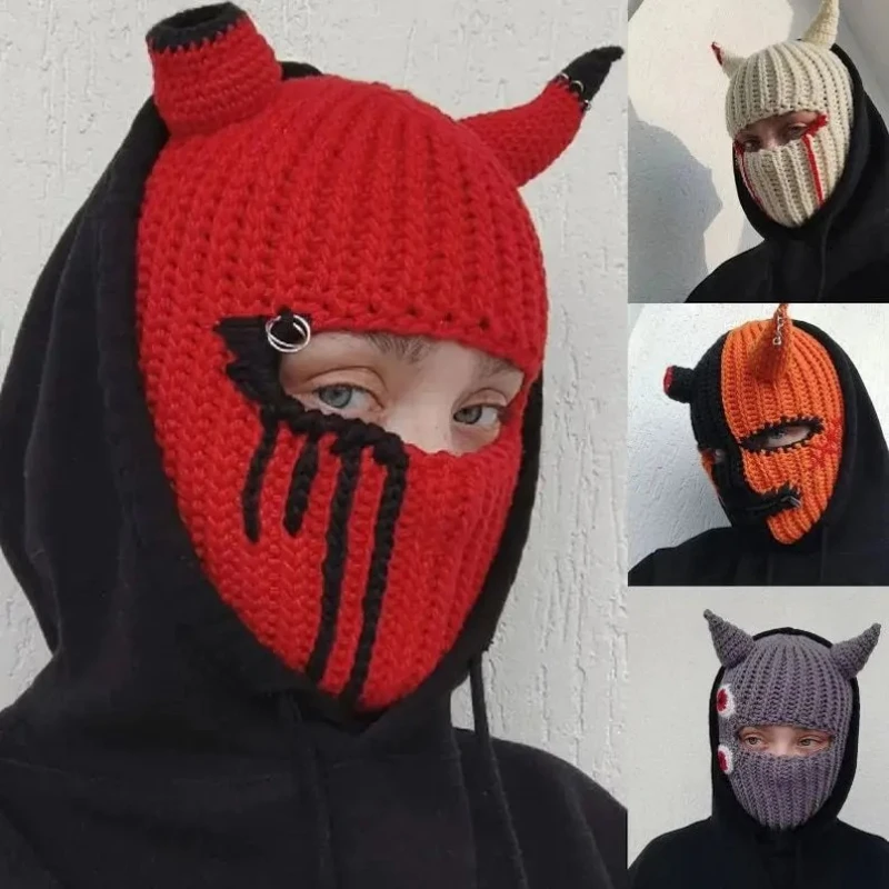 

56-58cm Horn Hat Motorcycle Riding Hood Funny Mask Autumn Winter Warm Knitted Wool Hats Devil Horn