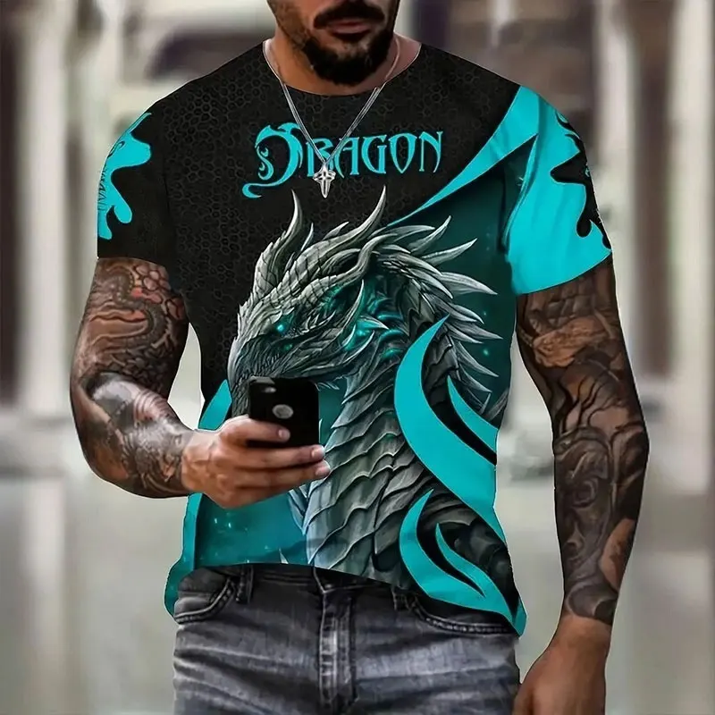 

Men's Fashionable Short-Sleeved Tops New 3d Dragon Print Round Neck Short-Sleeved T-Shirt Street Sports Fitness Tops Clothing
