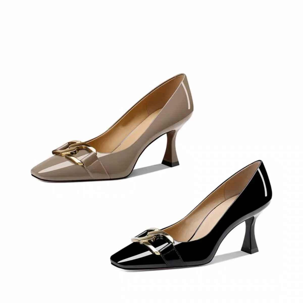 2026 New Square Head High Heels Women's Chunky Heel Fashionable All-Match Leather Chain Single Shoes Comfortable Slip-On