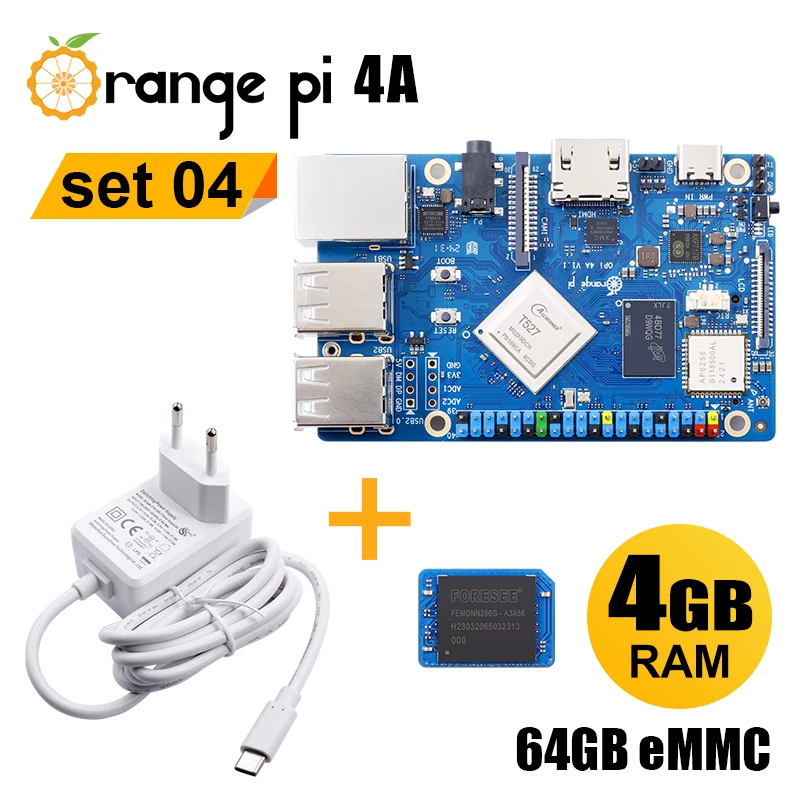 Orange Pi 4A 4GB RAM LPDDR4/4X Single Board Computer Sets with 64GB eMMC Module and 5V5A Type-C Power Supply,3pcs Sets SBC