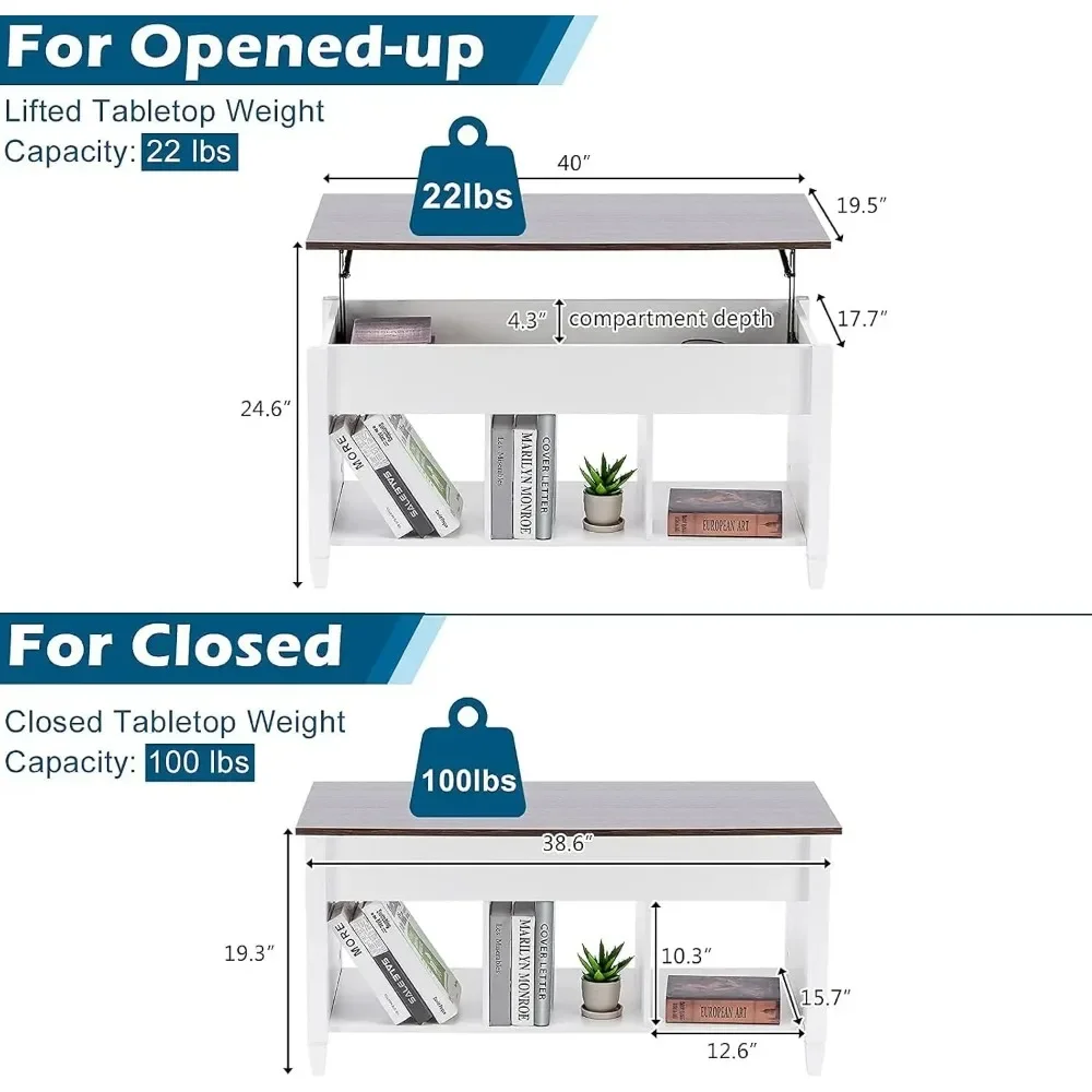 Witte Salontafel Met Liftblad, Salontafel Optillen Met Opbergplank/Verborgen Compartiment, Salontafel