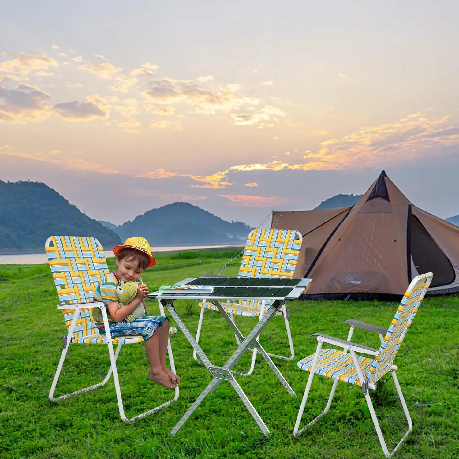 Patio Lawn Webbed Folding Chairs Set of 2, Outdoor Beach Portable Camping Chair for Yard, Garden Dining (Yellow, Classic)