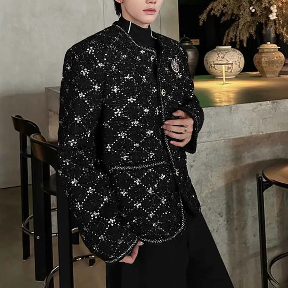 Mens Autumn Jacket Sequin Embroidery Faux Woolen Ballroom Jacket Fashion Nightclub Stage Performance Top Men'S Clothing 2025 New