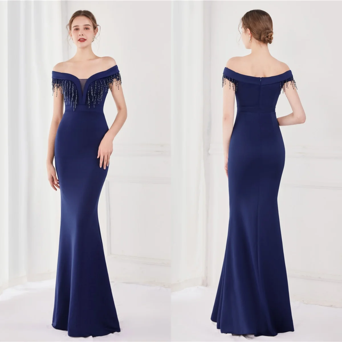 

Evening Dress Navy Blue Stretchy Off the Shoulder Beads Zipper Back Mermaid Trumpet Floor Length Women Party Formal Gowns YE131