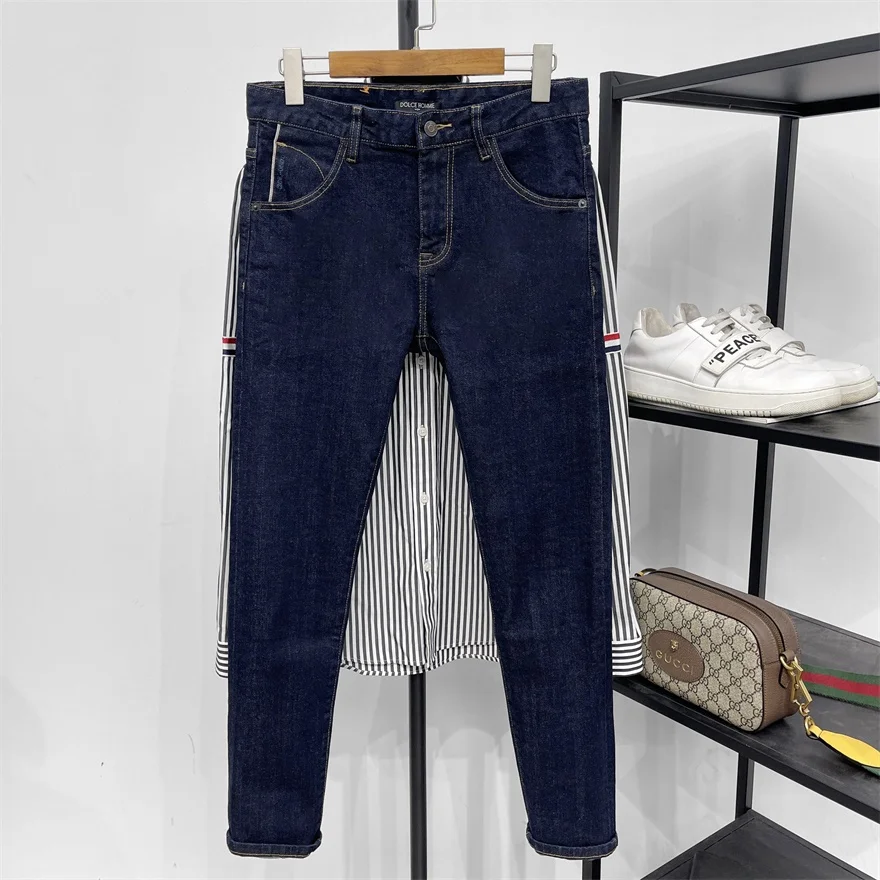 

DH Autumn Winter New Sle Elastic Denim Jeans Men's Straight Leg Casual Long Jeans Deep Blue Small Foot Elastic Jeans