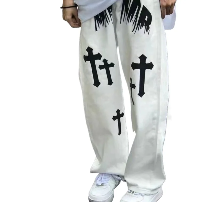 Pantalones vaqueros blancos Unisex de calle alta pierna recta pantalones vaqueros estampados informales ropa de calle mujeres hombres tendencia Drag padre Jeans pierna ancha