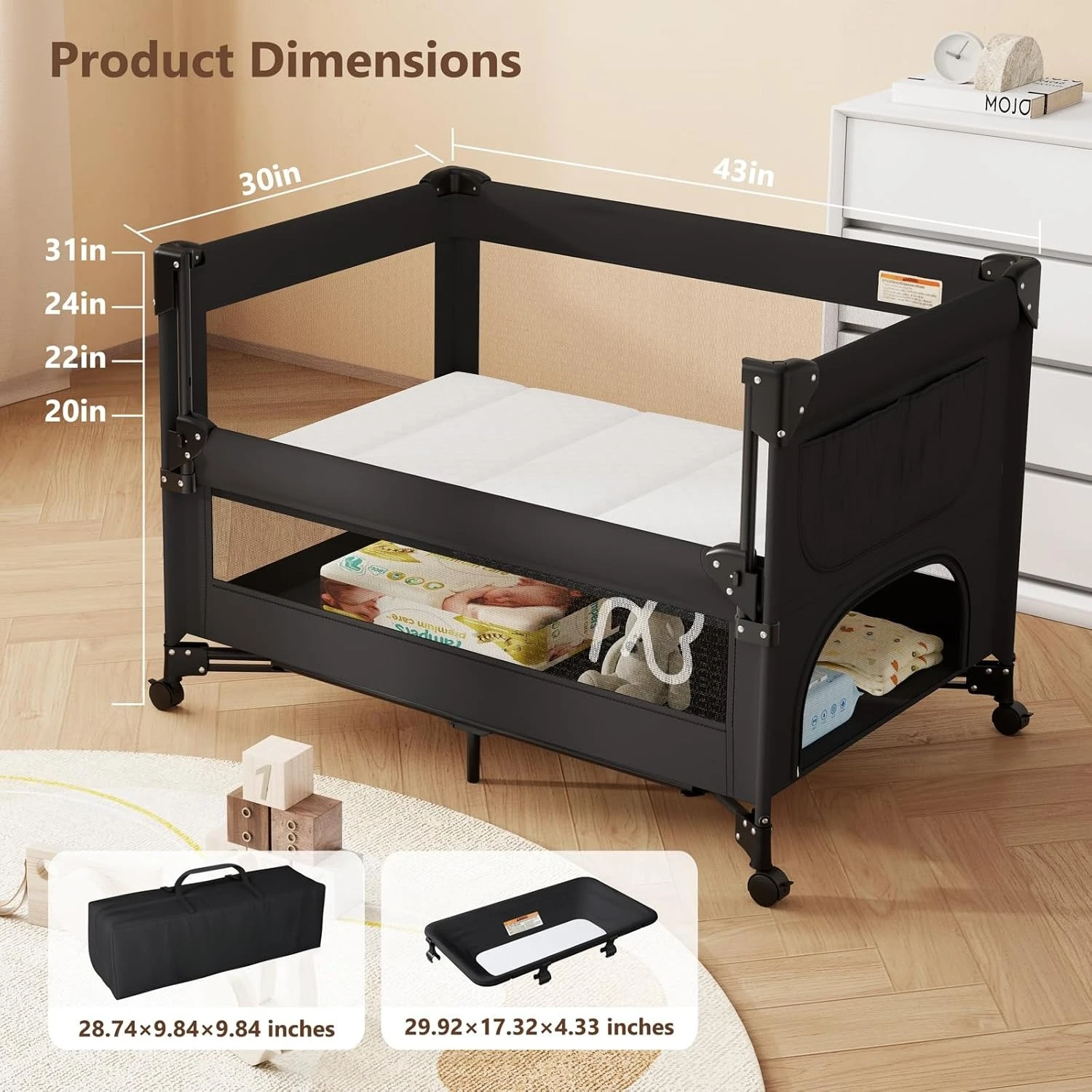 

Baby Bassinet Bedside Crib, Pack and Play with Mattress, Diaper Changer, One-Push Setup Playards from Infants to Toddlers·Hot