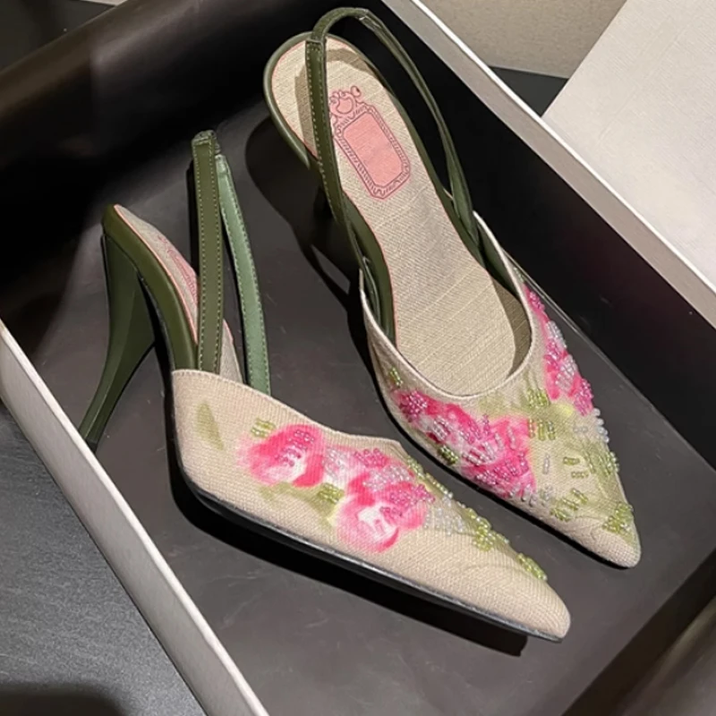 

Зеленые остроконечные босоножки на шпильке с вышивкой, женские летние 2026, полые закрытые туфли-лодочки, женские туфли на высоком каблуке с эластичной лентой 6 см 9 см