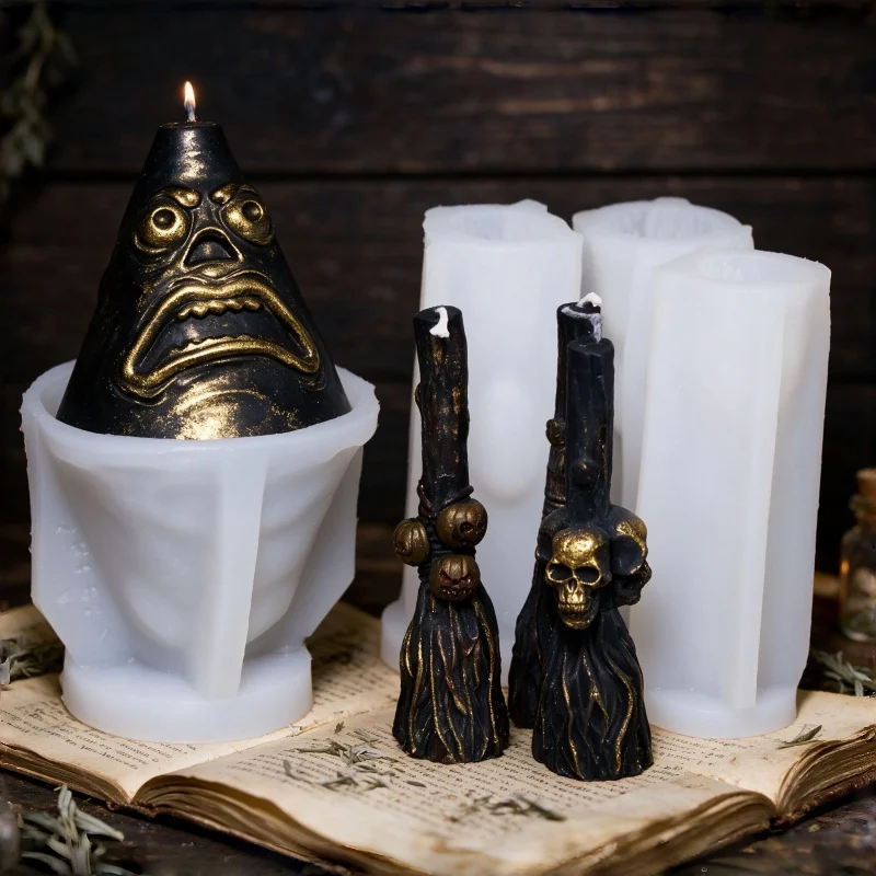 3D Witch Broom Candle Mold Handmade Pillar Mold Witchcraft Whisk Broom with Pumpkin Skull Face Magic Ritual Spiritual Candle Mld