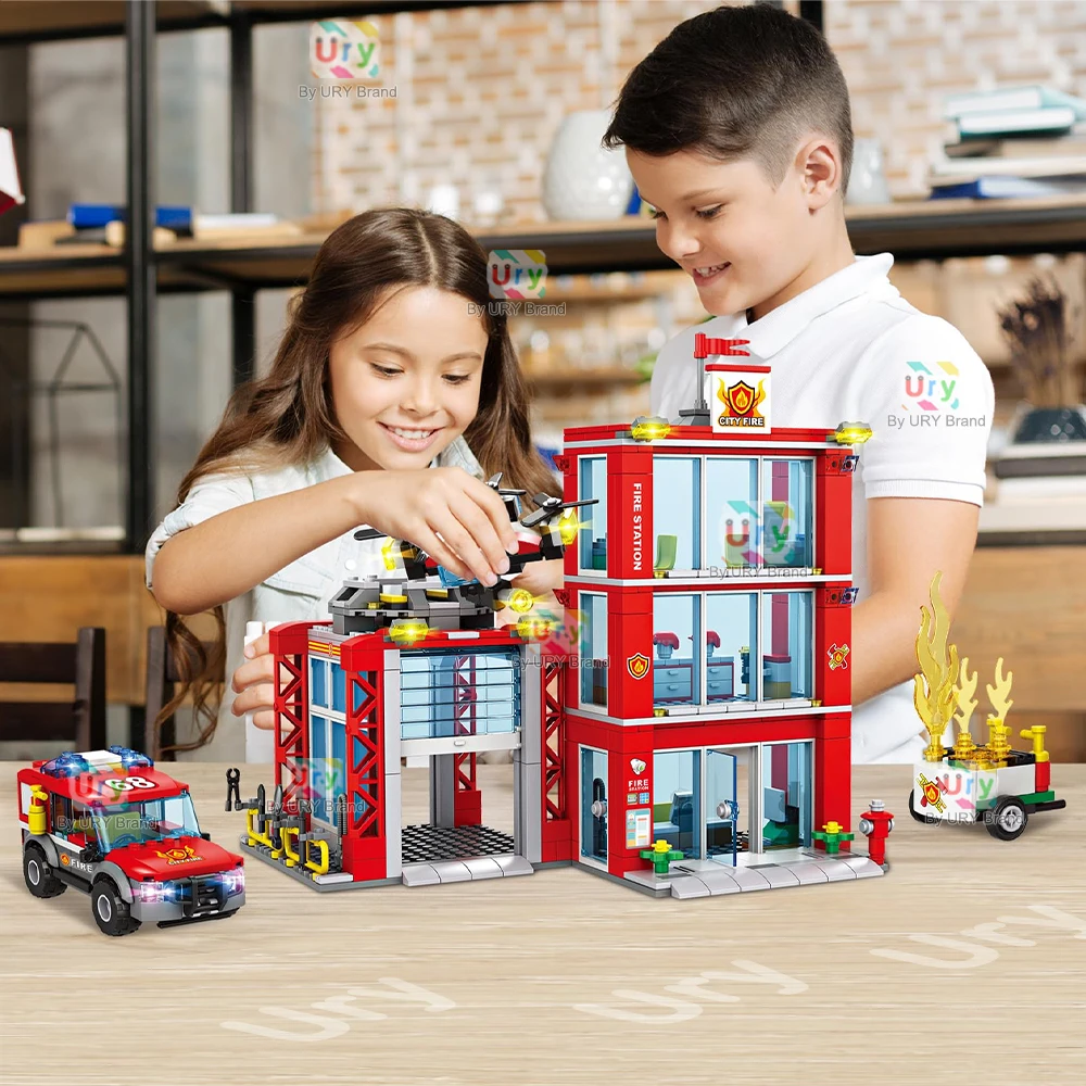 Stadt Feuerwache Leiter LKW Hubschrauber Auto Rettungsboot Feuerwehrmann Figur Flugzeug Modell Moc Bausteine Spielzeug für Jungen Geschenk – Detail 3