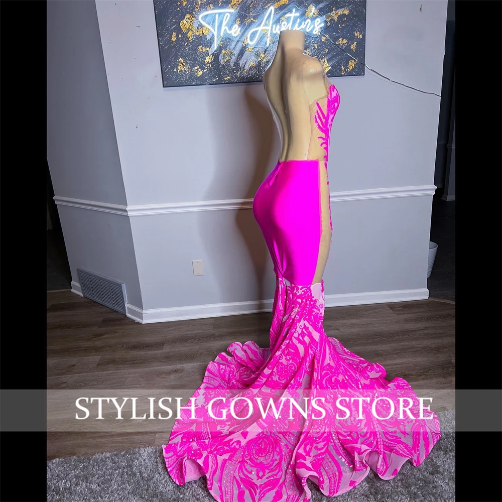 Pink Sheer O Neck Long Prom Dress For Black Girls Appliques Birthday Party Gowns Mermaid Evening Gown Sequined Formal Dresses