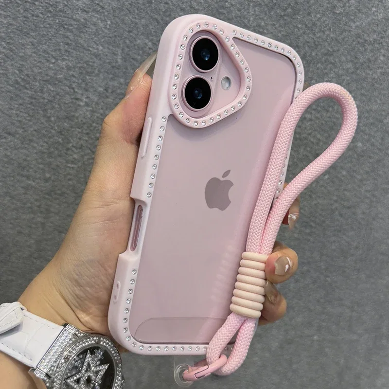 

Прозрачный чехол для телефона с блестящими бриллиантами для iPhone 16, 16E, 15, 14, 13, 12, 11 Pro Max 16 Plus 16 Pro с ремешком на запястье