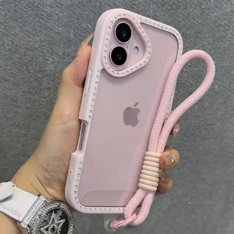 Custodia per telefono trasparente con diamanti brillanti per iPhone 16 16E 15 14 13 12 11 Pro Max 16Plus 16Pro con copertura per cordino da polso