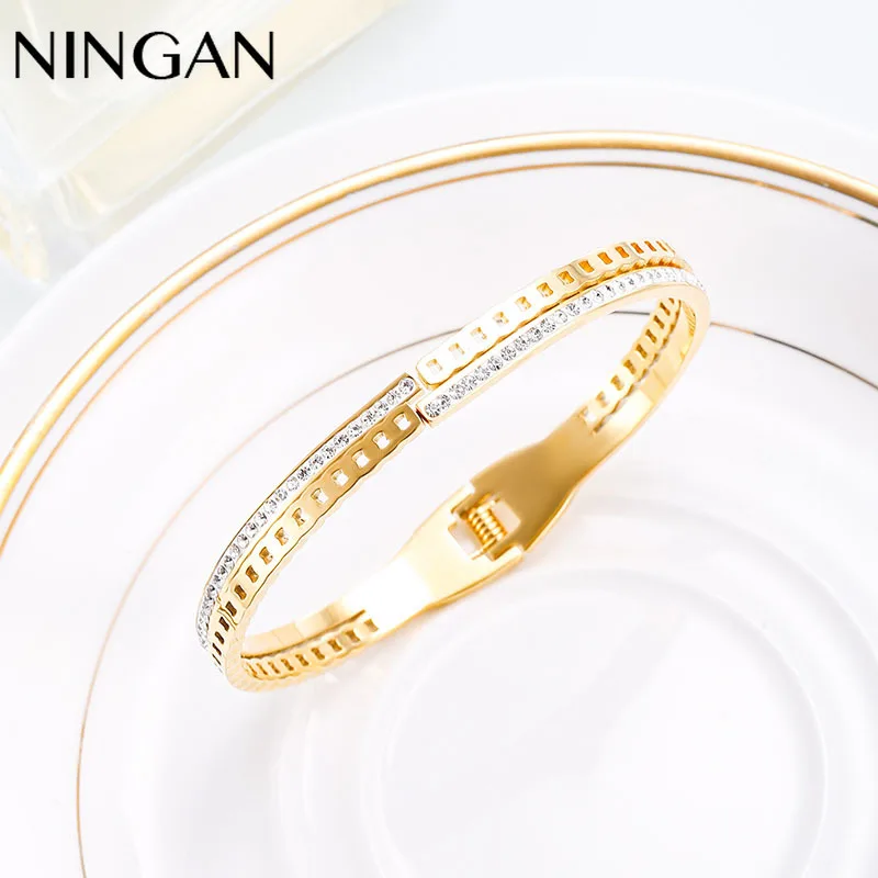 

NINGAN Women's Gold Double Layers Bangle Fashion Wrist Accessories Sparkling Zircon Adjustable Bracelet