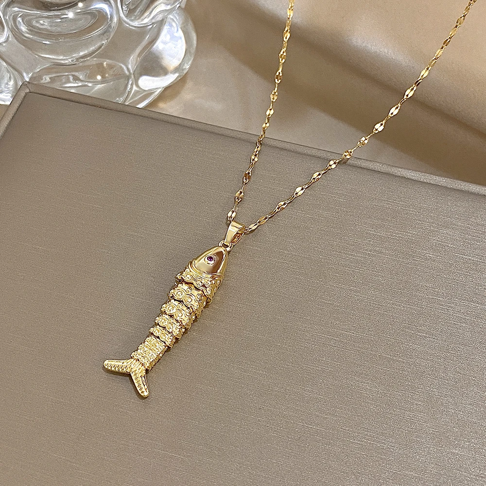 18K vergoldete Edelstahl Fisch Anhänger Halskette für Frauen Kreative Ozean Serie Schlüsselbein Halsband Kette Schmuck Geschenke – Detail 5