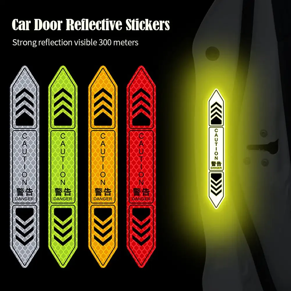 Pegatinas reflectantes para puerta de coche, cinta de advertencia de seguridad nocturna, pegatinas decorativas, tira reflectante, accesorios para coche, 4 piezas