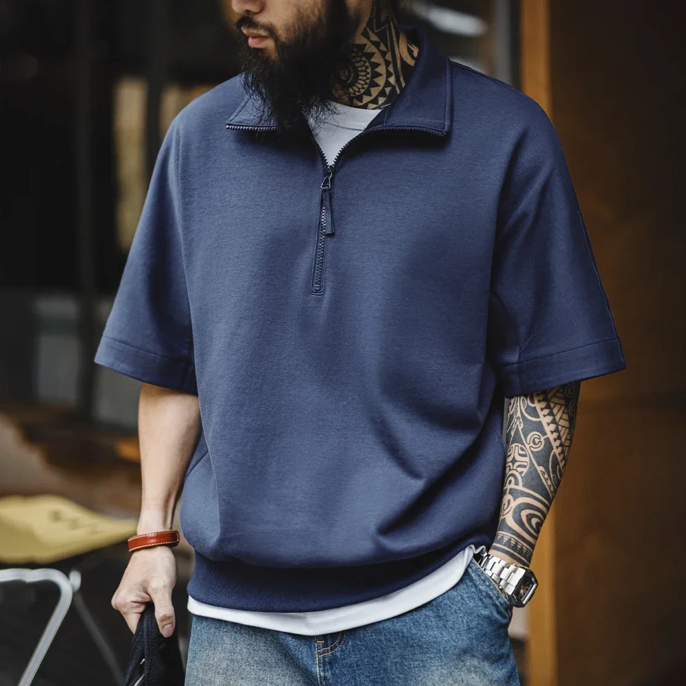 Maden Vintage Half-Zip Boro Style Short Sleeve Polo Shirt Men's Summer Indigo Dyed Printed Loose Collar T-Shirt Casual Gray Tops