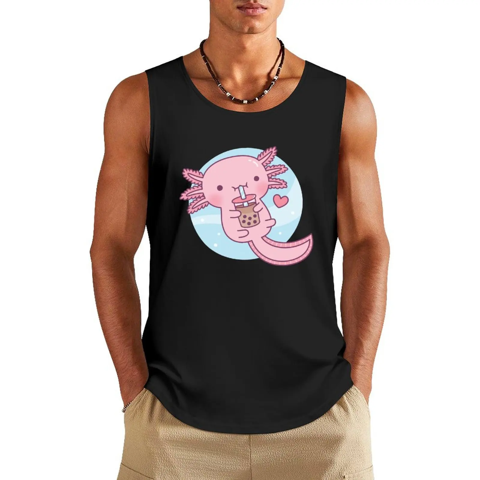 Cute Axolotl Loves Bubble Tea Tank Top mens designer clothes sleeveless shirts anime gym