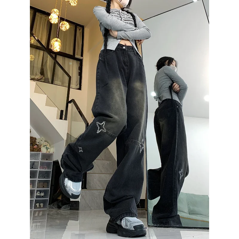 American Retro Star Embroidery High Waist Jeans Women Spring Loose Straight Leg Wide Pants