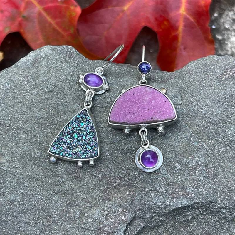 Exquisite Shiny Enamel Purple Stone Earrings New Fashion Jewelry Silver Color Statement Wedding Earrings Gift For Ladies