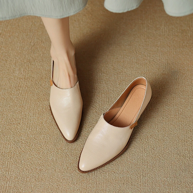 NEW Spring Women Loafers Pointed Toe Chunky Heel Shoes Genuine Leather Shoes for Women Concise High Heels Slip-on Women Pumps