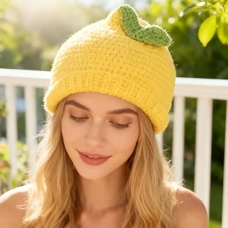 New Sweet Cute Lemon-Shaped Beanie Hat Winter Warm Good-Looking Outdoor Skull Cap Green Leaves Student Funny Headwear