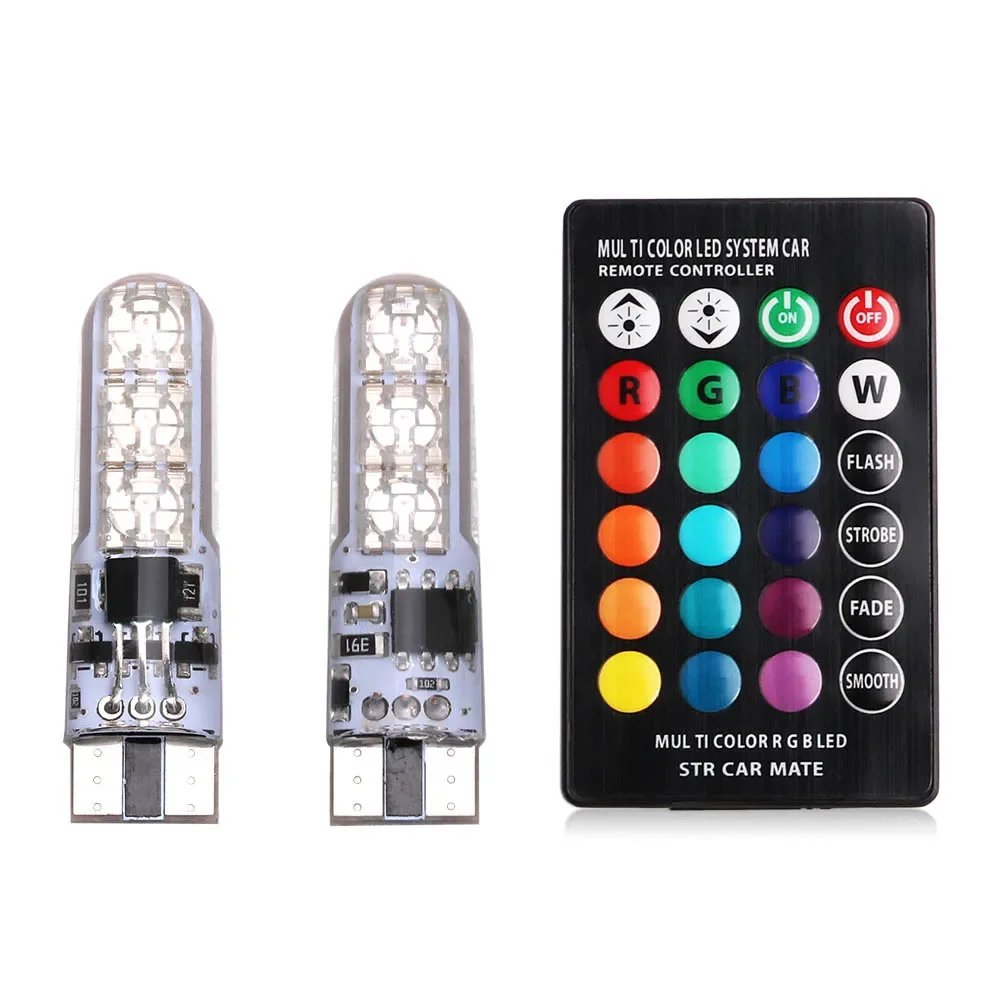 New 2pcs T10 5050 SMD RGB 6 LED Auto Car Wedge Side Light Lamp LED Demo Lamp Bulb RGB LED Light Bulb W/Remote Controller Strobe