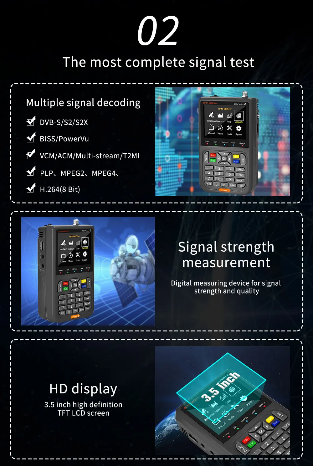 V8 مكتشف 2 DVB-S2 1080P مكتشف الأقمار الصناعية الرقمية FTA DVB-S/S2/S2X كاشف إشارة استقبال شاشة LCD لضبط Sat