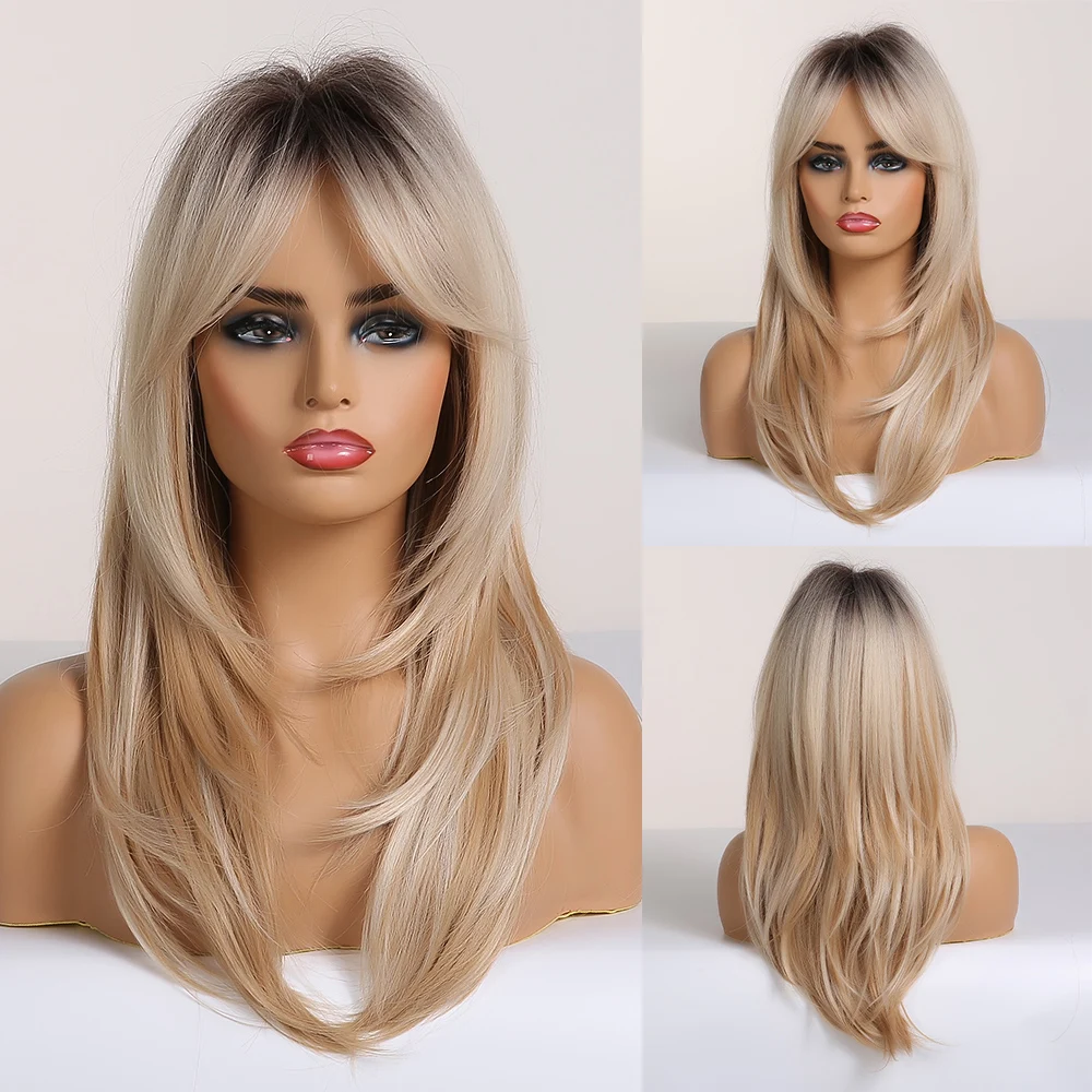 ALAN EATON Ombre Blonde Long Natural Layered Wigs for Women Synthetic Highlight Blonde Wig with Bangs Daily Party Heat Resistant