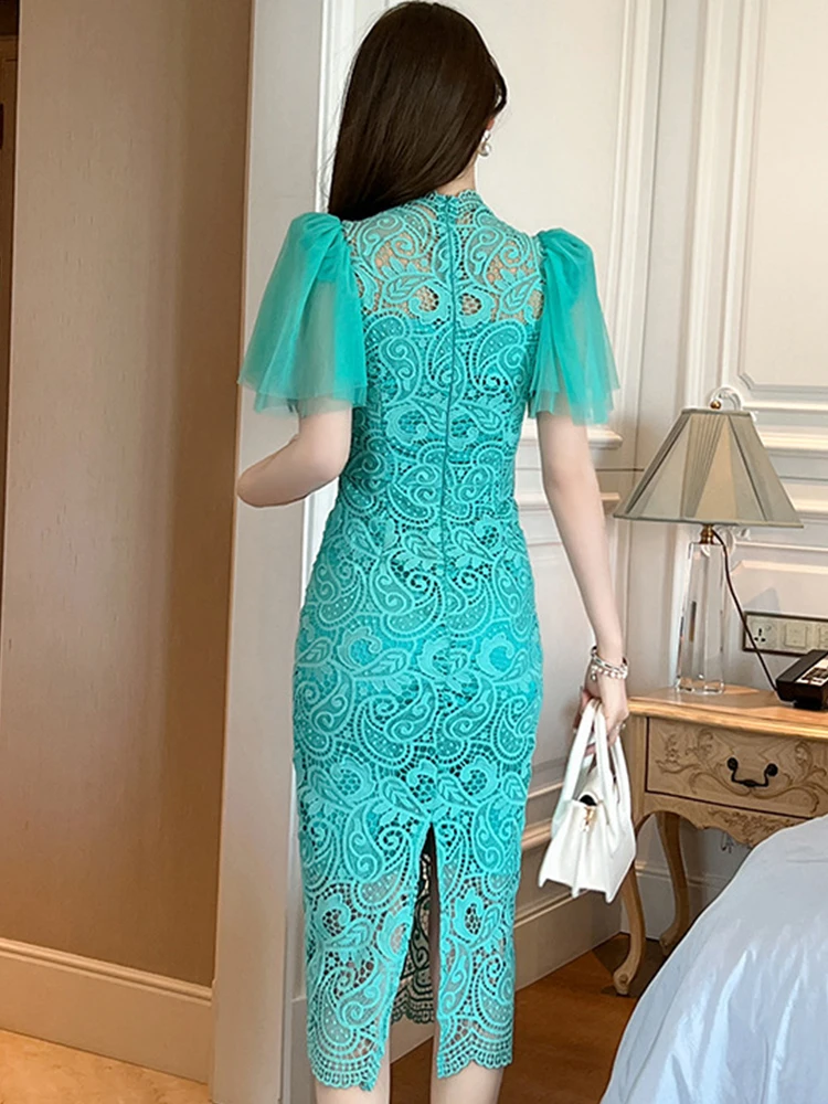 Elegant Summer Dress Women 2023 Retro Midi Dresses Sheer Lace Embroidery Mesh Split Robe Lady Prom Party Vestidos Banquet Gown