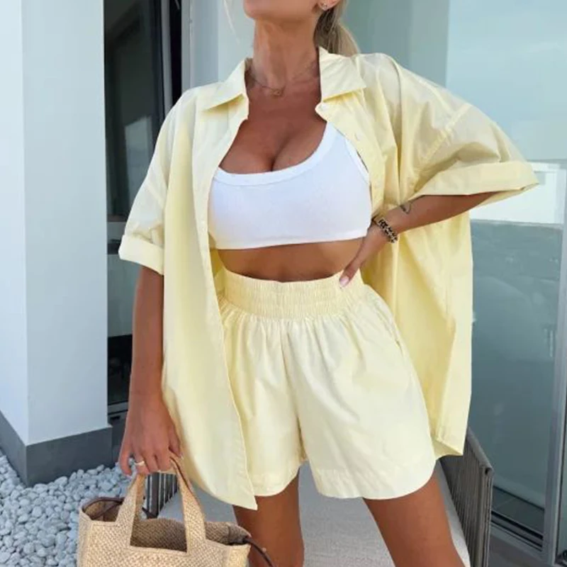 

Элегантный однотонный свободный отпускной наряд, женский свободный костюм, повседневная весенняя рубашка с короткими рукавами и лацканами, комплект брюк с эластичной резинкой на талии