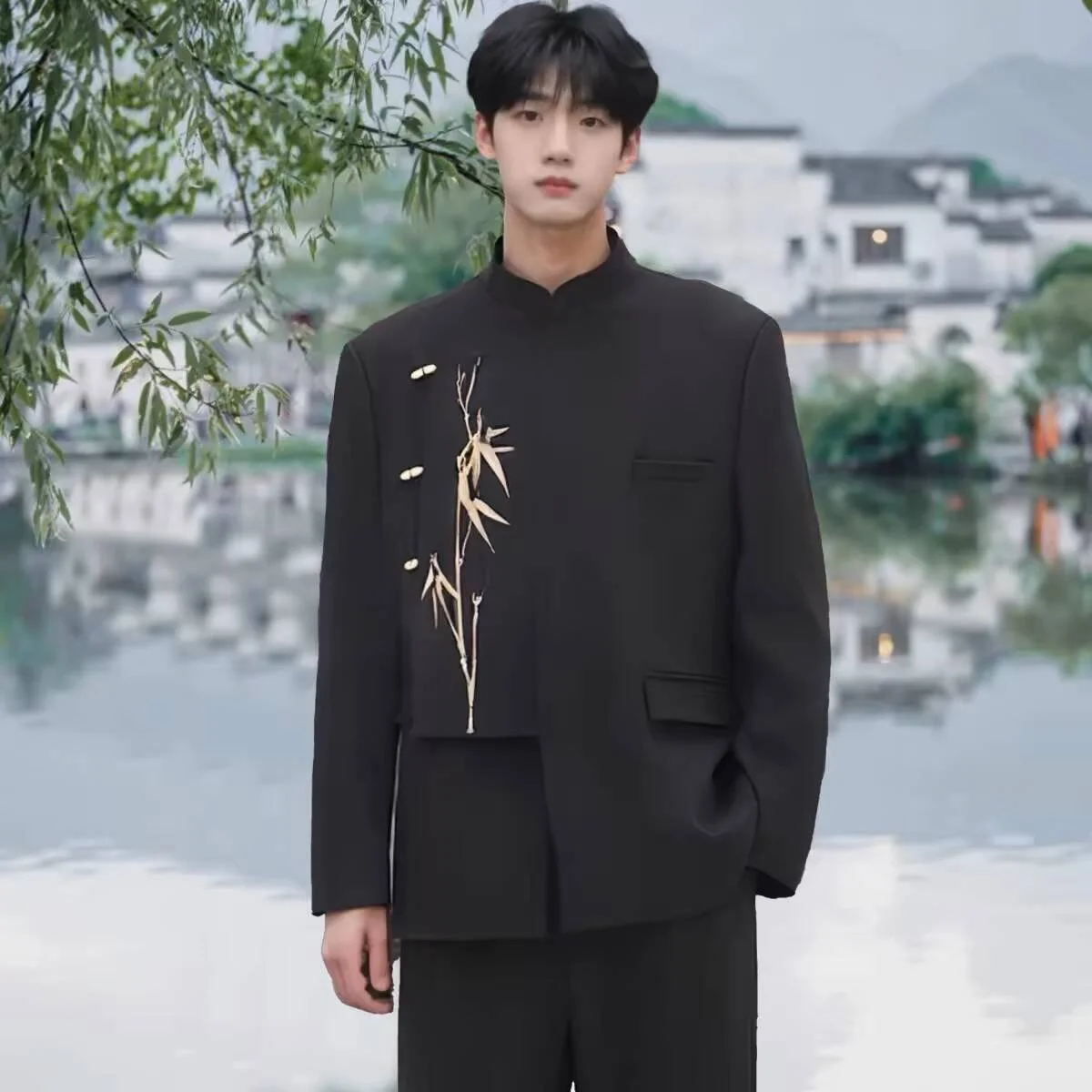 

New Chinese Sle Men's Jaet Bamboo Le Embroidery Stand Collar Spring Autumn Faion Casual Long Sve Single Button